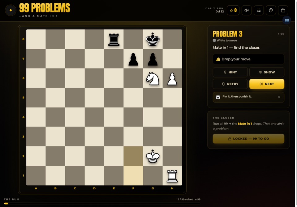 99 Problems mid-run: a mate-in-1 position on the gold board, two problems solved.