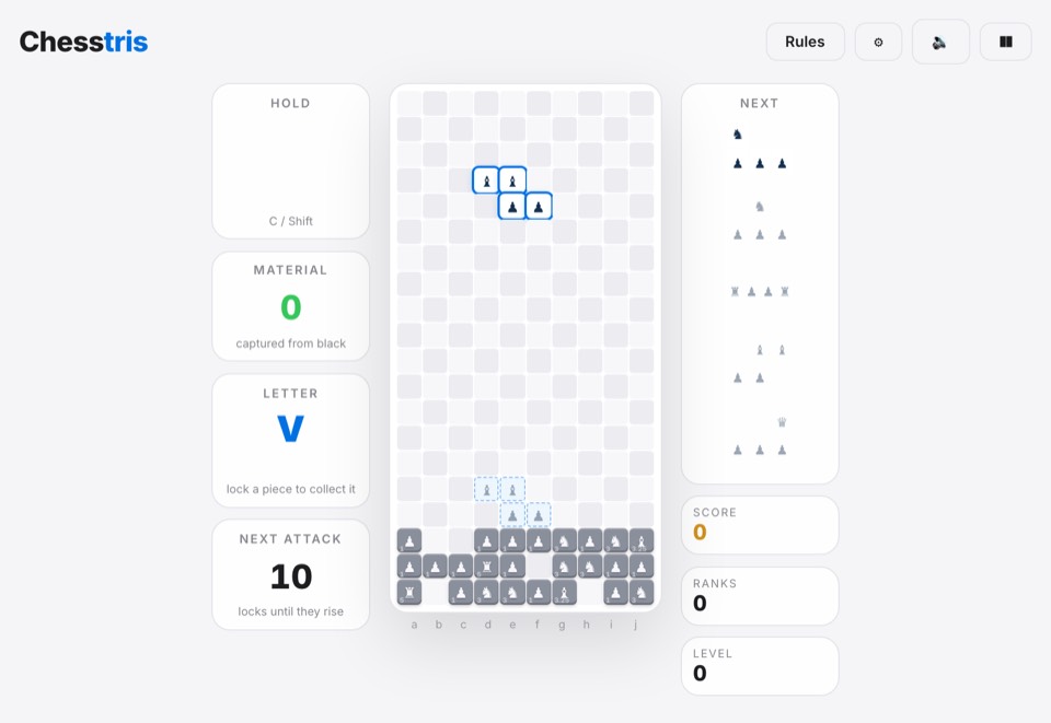 Chesstris in play: pieces stacking on the falling-piece board with the next queue alongside.