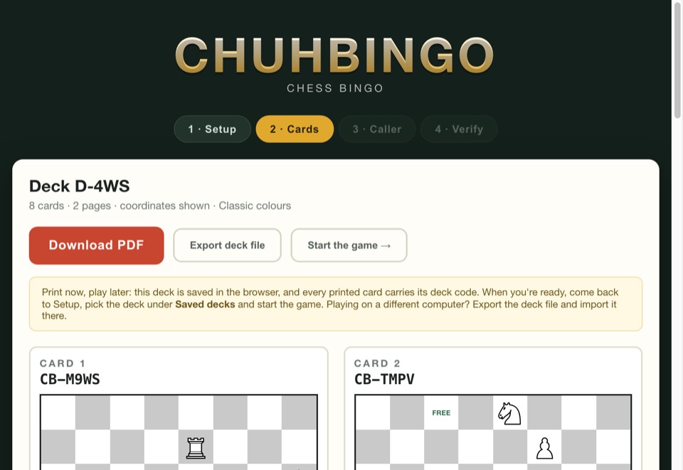Chuh Bingo: a printable deck of chess bingo cards, each a board with pieces placed.
