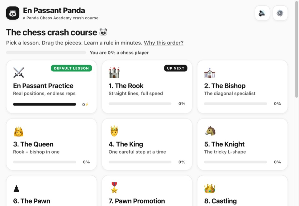 En Passant Panda: the chess crash course laid out as numbered one-minute lessons.