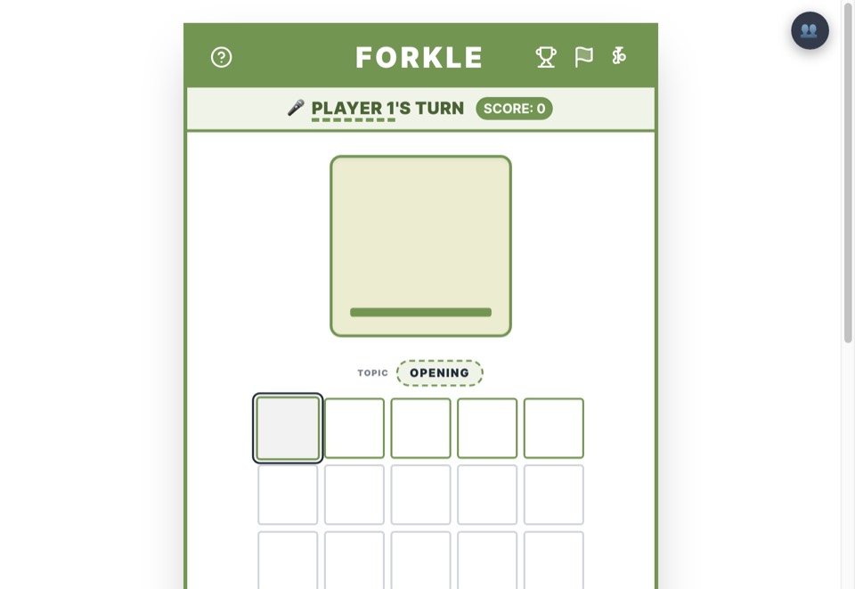 Forkle mid-round: a chess-term guess grid with a letter locked in and the keyboard below.
