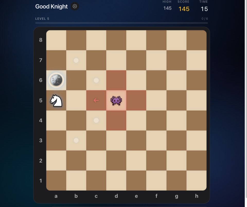 Good Knight Panda at level 5: the knight next to a coin with an enemy closing in.