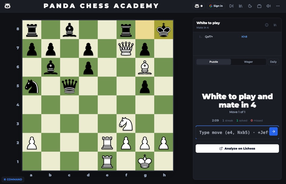 Guess The Move mid-combination: Qxf7+ played and answered, mate in 4 in progress.