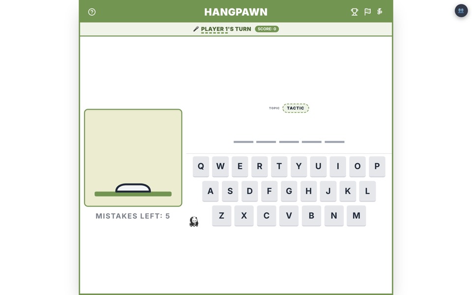 HangPawn mid-game: a blanked chess term, the letter keyboard, and five mistakes left.