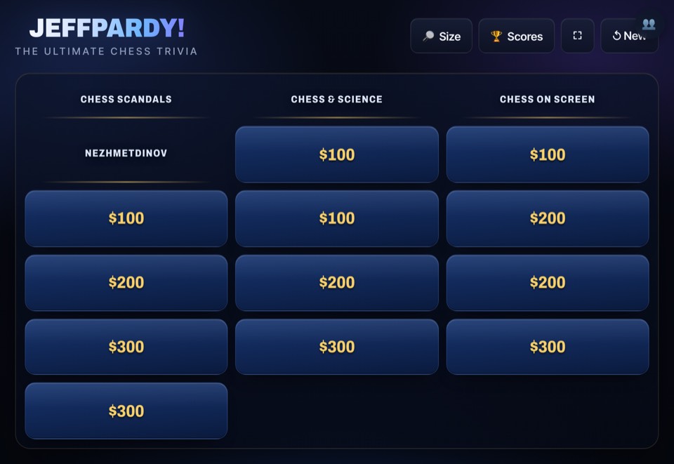 JeffPardy's board: four chess trivia categories with $100 to $300 clue tiles and two player scores.