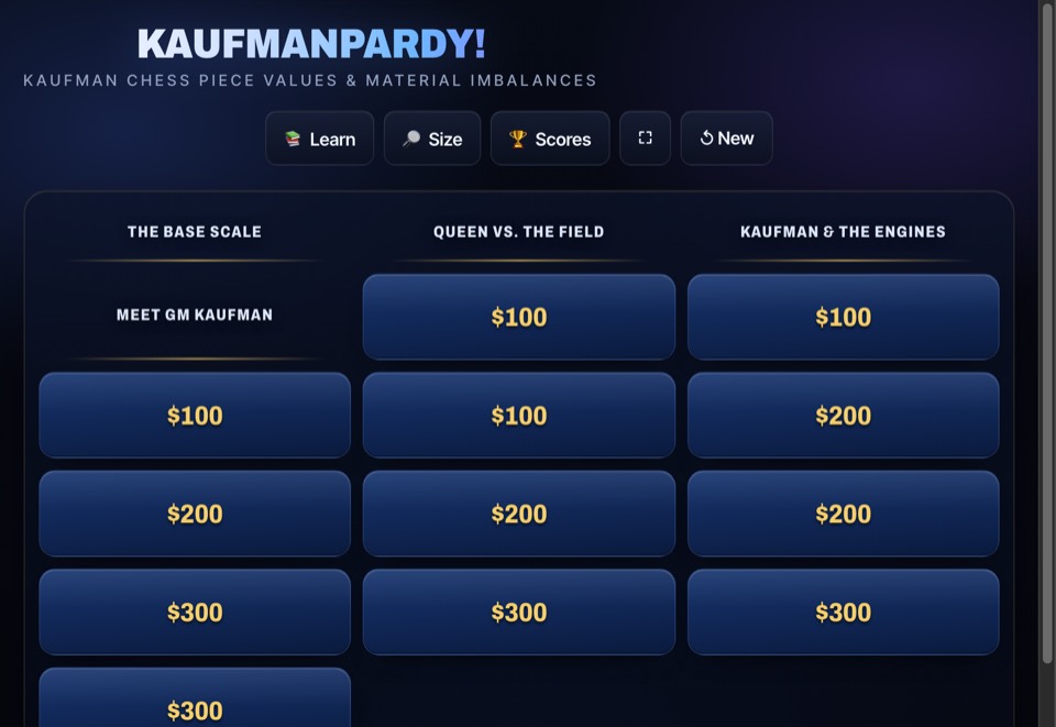 Kaufman Pardy's board: piece-value categories and dollar tiles, with the Red Rooks team to move.