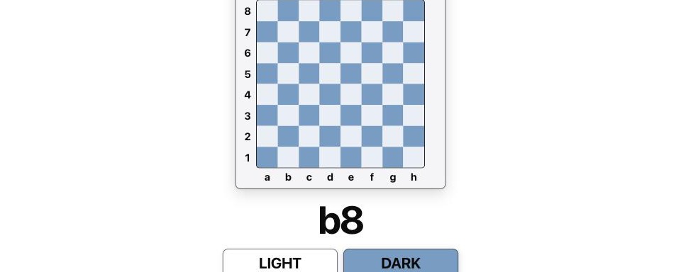 Light or Dark mid-round: the labeled board up, the square b8 called, and the light and dark answer buttons.