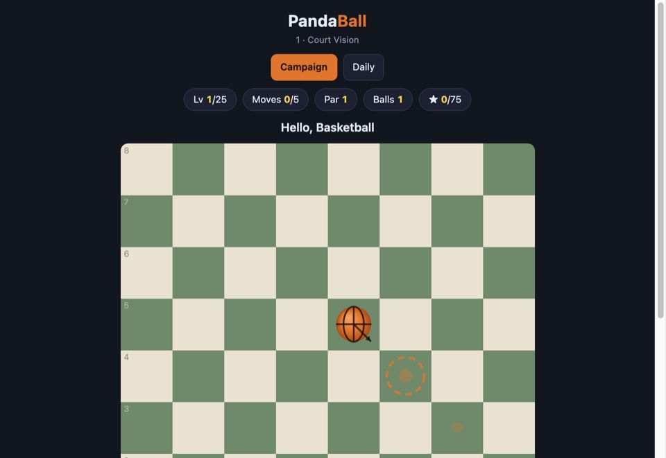 PandaBall in play: a ball on the chessboard mid-rally.