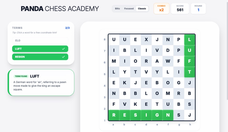 Panda Search mid-round: two chess terms found on the coordinate grid, combo x2.