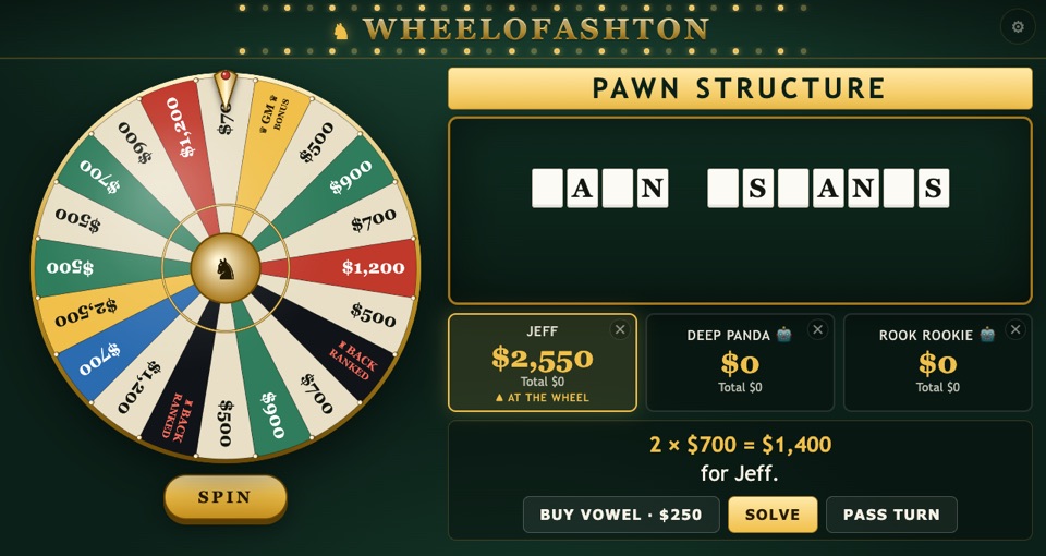 Wheel of Ashton mid-round: the wheel spun to $700 and letters revealed on the puzzle board.